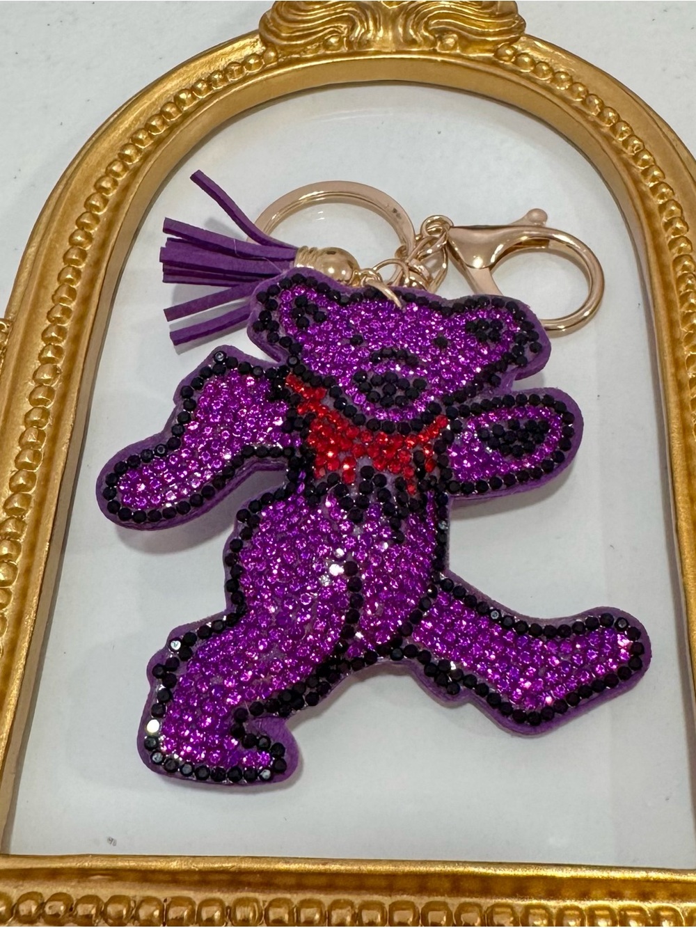 New Purple Glitter Dancing Bear Keychain Charm with Tassel